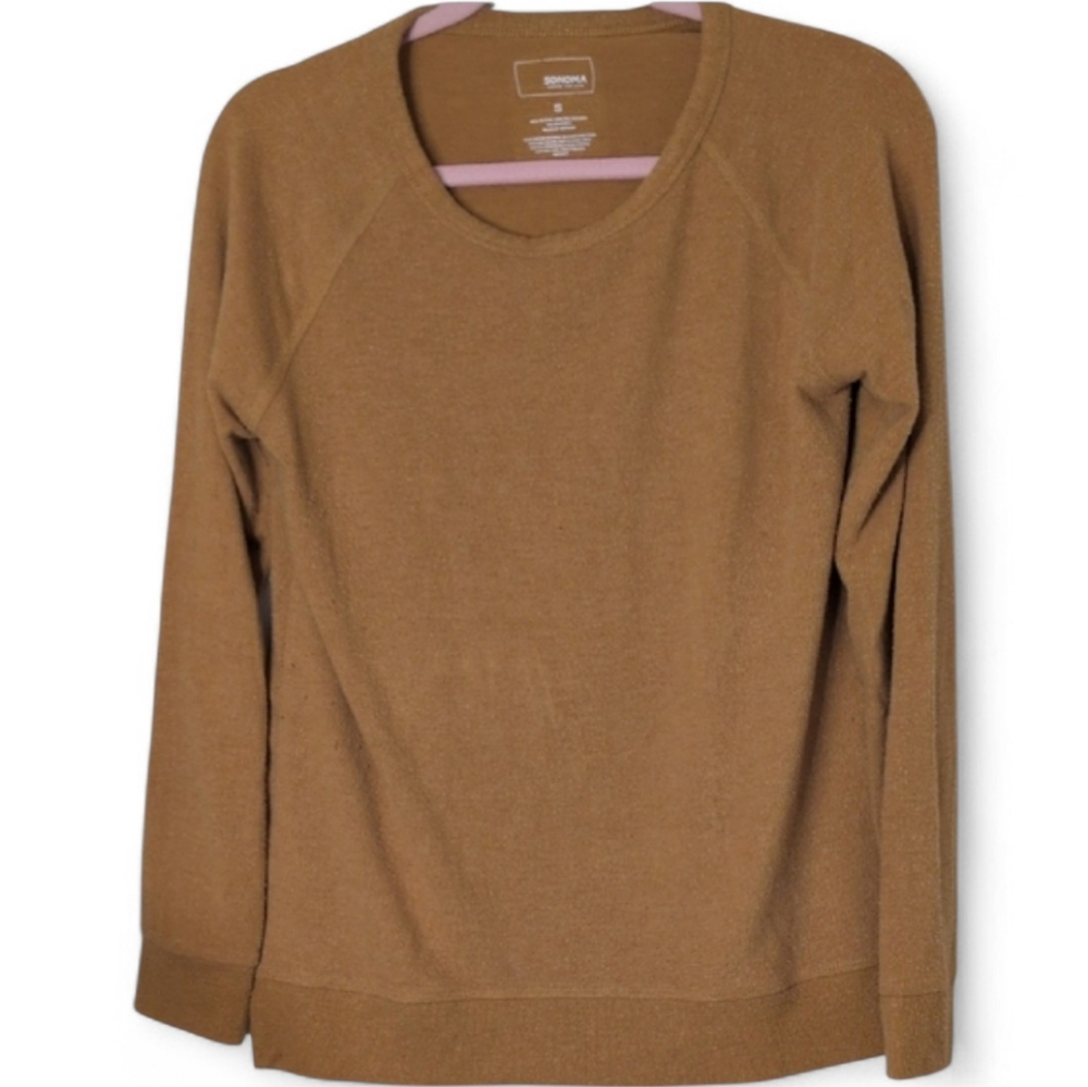 Sonoma Women's Mustard Crew Neck Sweater, withe Stretch Size Small